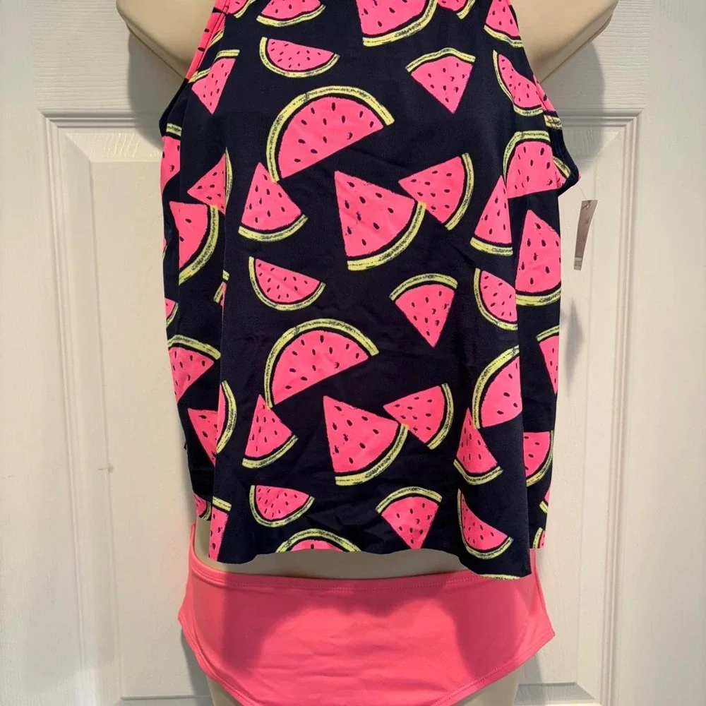 Justice Watermelon Tankini Swimsuit Girls 18 Plus Navy Neon Pink UPF 50 763679